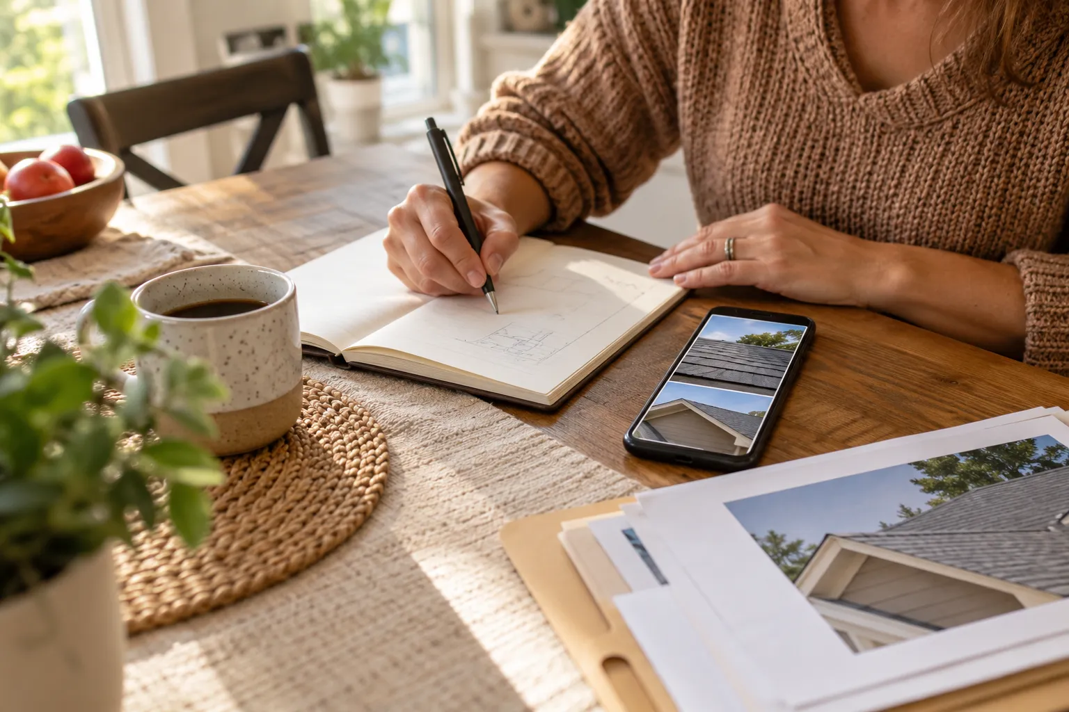 A notebook and phone with roof photos on a kitchen table